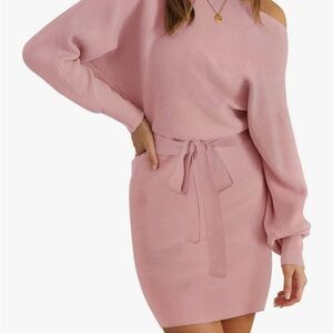 Off Shoulder Batwing Sleeve Sweater Dress Bodycon Mini Dress with Belt, Size S